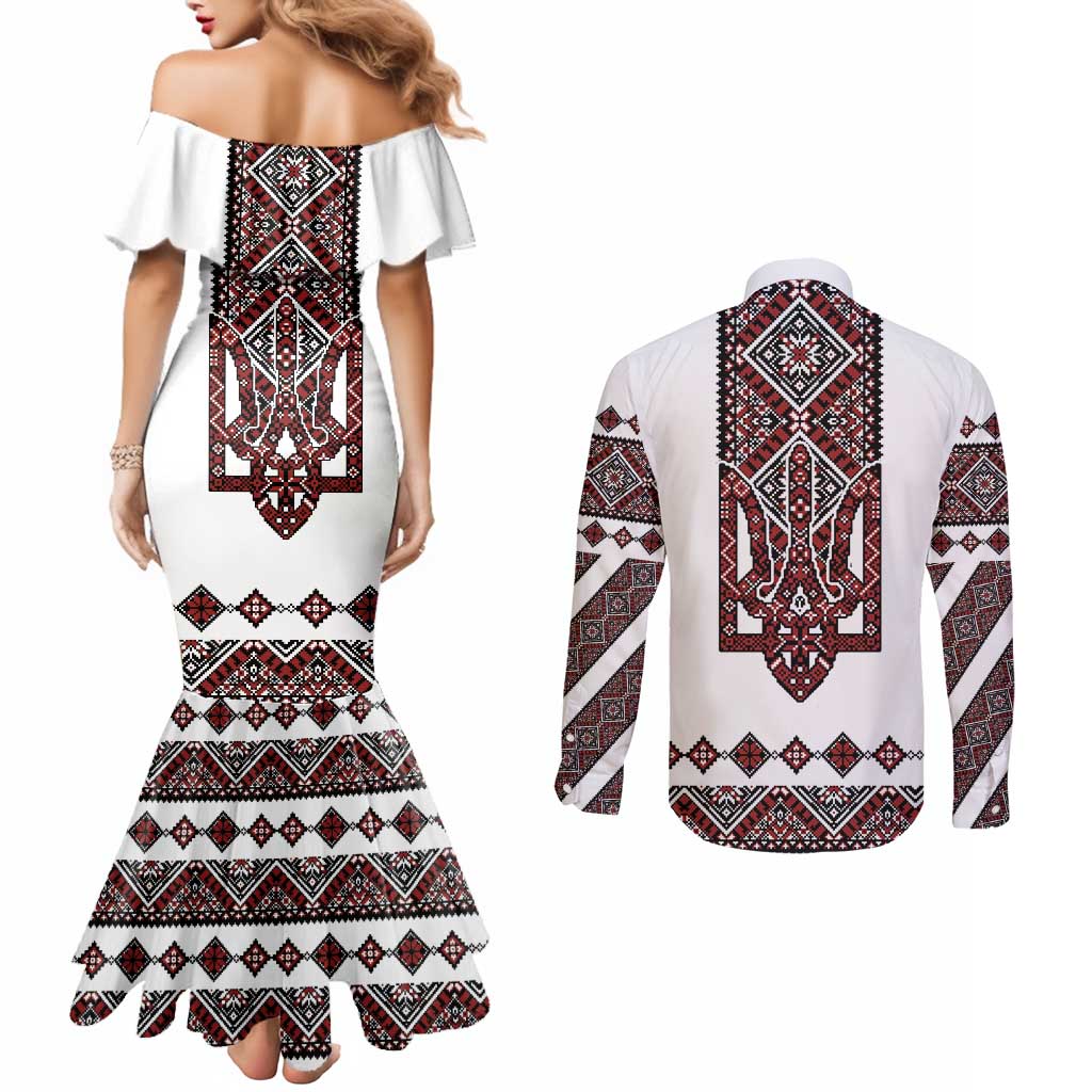 Ukraine Bandura Vyshyvanka Pattern Couples Matching Mermaid Dress and Long Sleeve Button Shirt Ukrainian Heritage Folk White Version - Wonder Print Shop