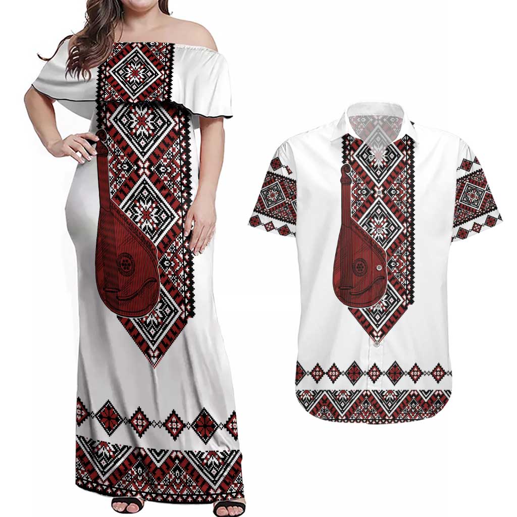 Ukraine Bandura Vyshyvanka Pattern Couples Matching Off Shoulder Maxi Dress and Hawaiian Shirt Ukrainian Heritage Folk White Version - Wonder Print Shop
