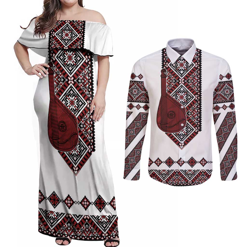 Ukraine Bandura Vyshyvanka Pattern Couples Matching Off Shoulder Maxi Dress and Long Sleeve Button Shirt Ukrainian Heritage Folk White Version - Wonder Print Shop