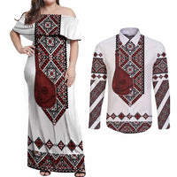 Ukraine Bandura Vyshyvanka Pattern Couples Matching Off Shoulder Maxi Dress and Long Sleeve Button Shirt Ukrainian Heritage Folk White Version - Wonder Print Shop