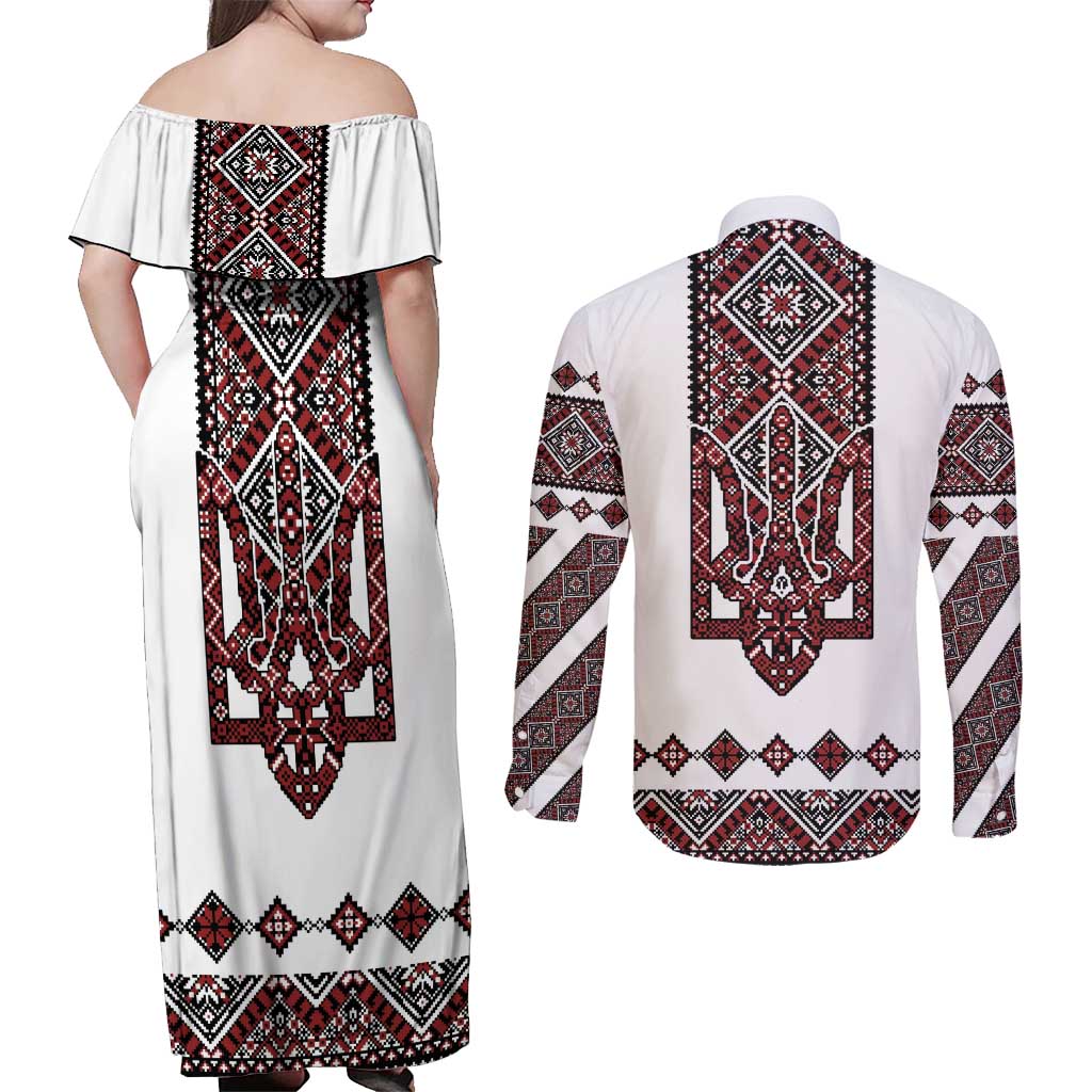 Ukraine Bandura Vyshyvanka Pattern Couples Matching Off Shoulder Maxi Dress and Long Sleeve Button Shirt Ukrainian Heritage Folk White Version - Wonder Print Shop