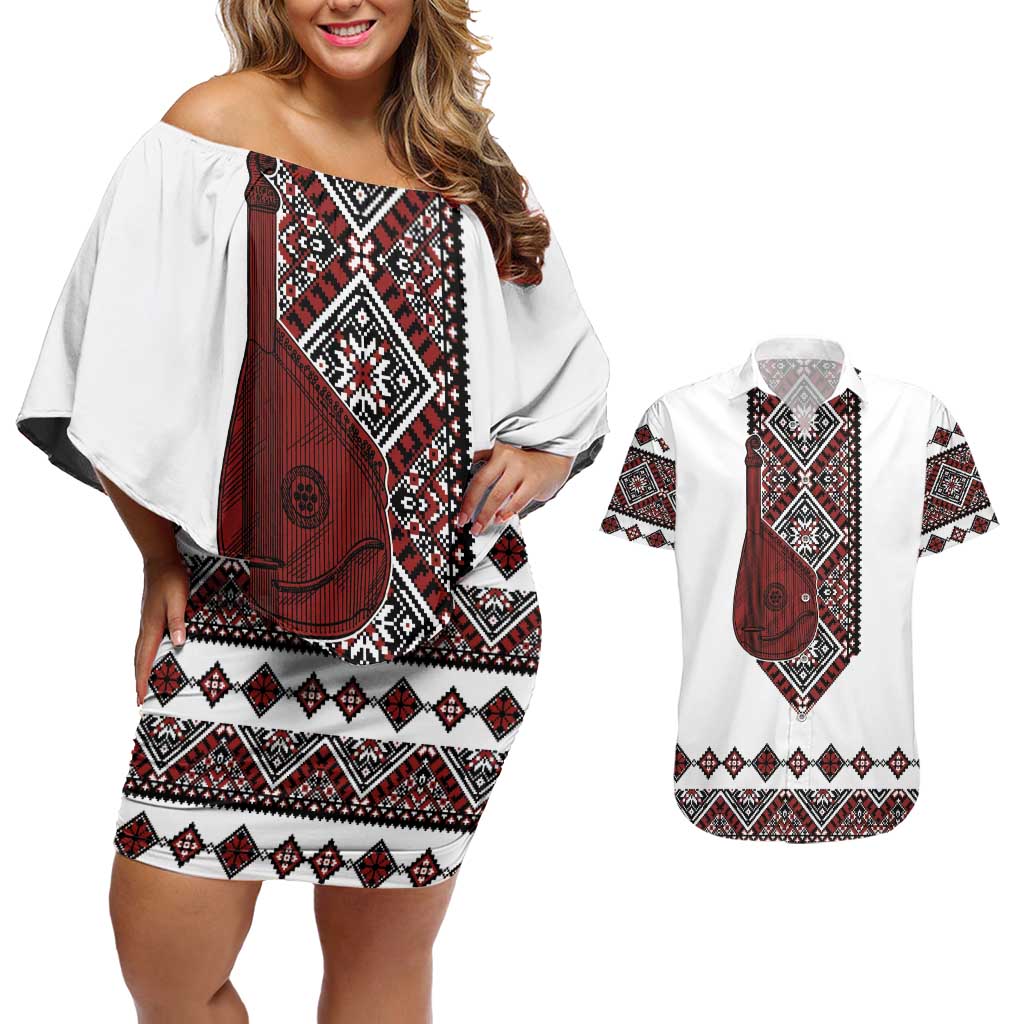 Ukraine Bandura Vyshyvanka Pattern Couples Matching Off Shoulder Short Dress and Hawaiian Shirt Ukrainian Heritage Folk White Version - Wonder Print Shop