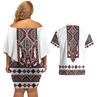 Ukraine Bandura Vyshyvanka Pattern Couples Matching Off Shoulder Short Dress and Hawaiian Shirt Ukrainian Heritage Folk White Version - Wonder Print Shop