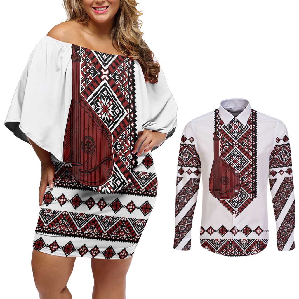 Ukraine Bandura Vyshyvanka Pattern Couples Matching Off Shoulder Short Dress and Long Sleeve Button Shirt Ukrainian Heritage Folk White Version - Wonder Print Shop