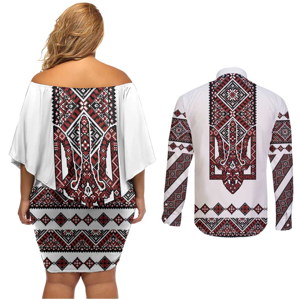 Ukraine Bandura Vyshyvanka Pattern Couples Matching Off Shoulder Short Dress and Long Sleeve Button Shirt Ukrainian Heritage Folk White Version - Wonder Print Shop