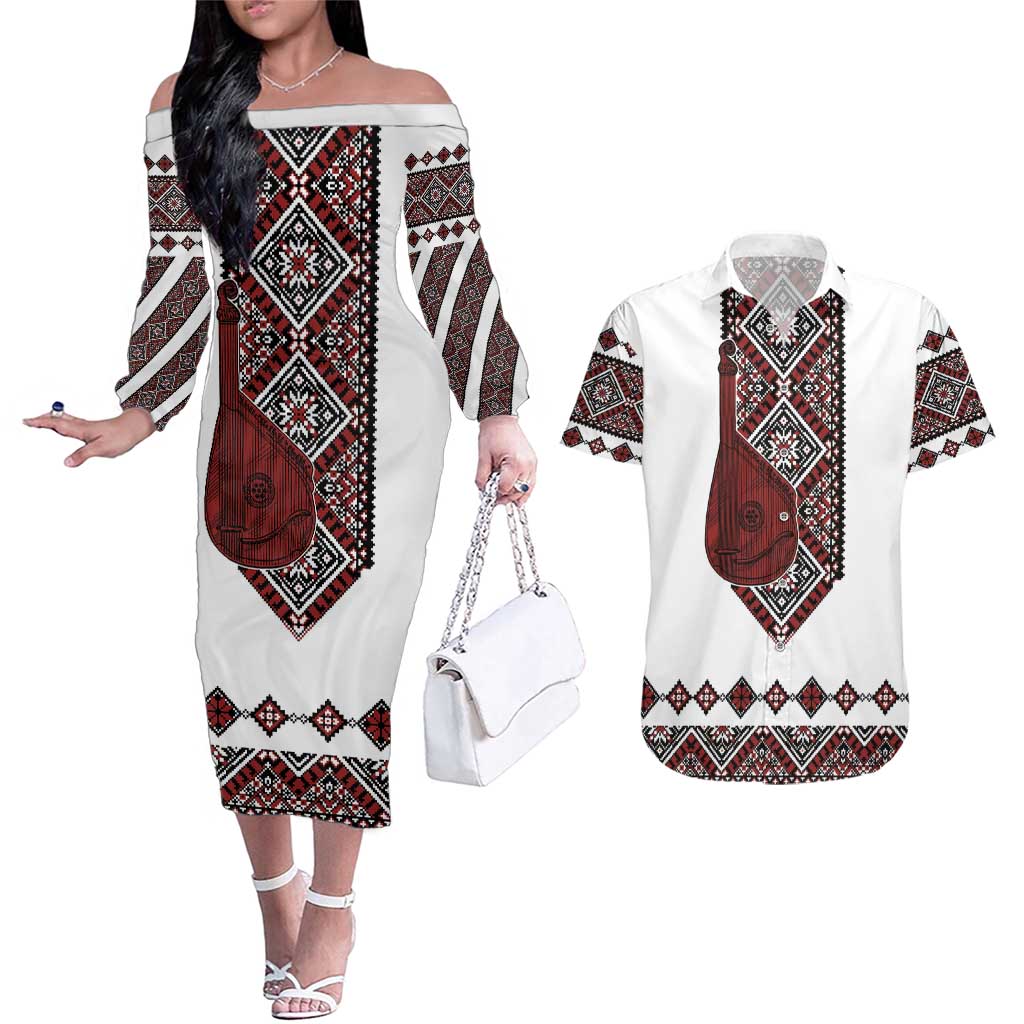 Ukraine Bandura Vyshyvanka Pattern Couples Matching Off The Shoulder Long Sleeve Dress and Hawaiian Shirt Ukrainian Heritage Folk White Version - Wonder Print Shop