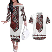 Ukraine Bandura Vyshyvanka Pattern Couples Matching Off The Shoulder Long Sleeve Dress and Hawaiian Shirt Ukrainian Heritage Folk White Version - Wonder Print Shop