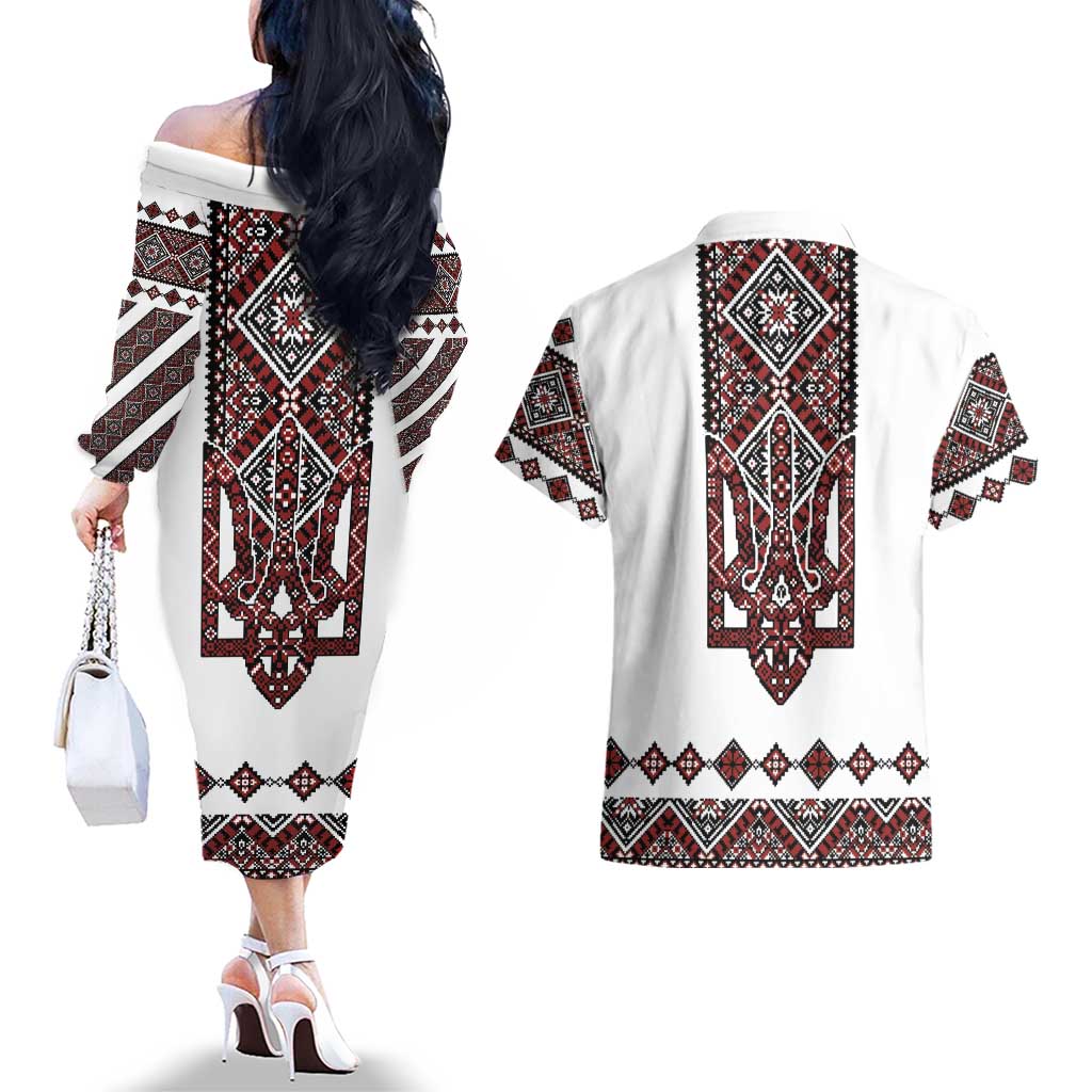 Ukraine Bandura Vyshyvanka Pattern Couples Matching Off The Shoulder Long Sleeve Dress and Hawaiian Shirt Ukrainian Heritage Folk White Version - Wonder Print Shop
