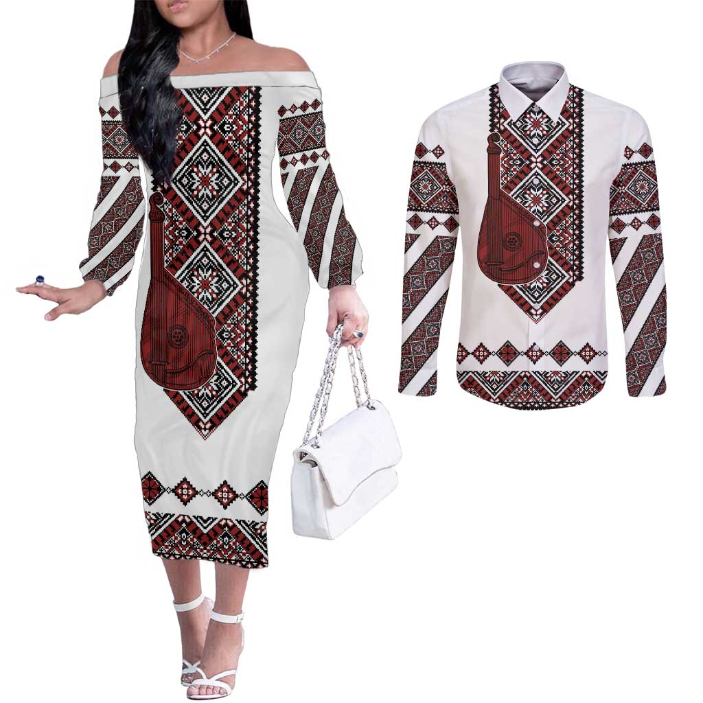 Ukraine Bandura Vyshyvanka Pattern Couples Matching Off The Shoulder Long Sleeve Dress and Long Sleeve Button Shirt Ukrainian Heritage Folk White Version - Wonder Print Shop