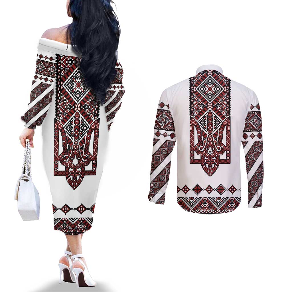 Ukraine Bandura Vyshyvanka Pattern Couples Matching Off The Shoulder Long Sleeve Dress and Long Sleeve Button Shirt Ukrainian Heritage Folk White Version - Wonder Print Shop