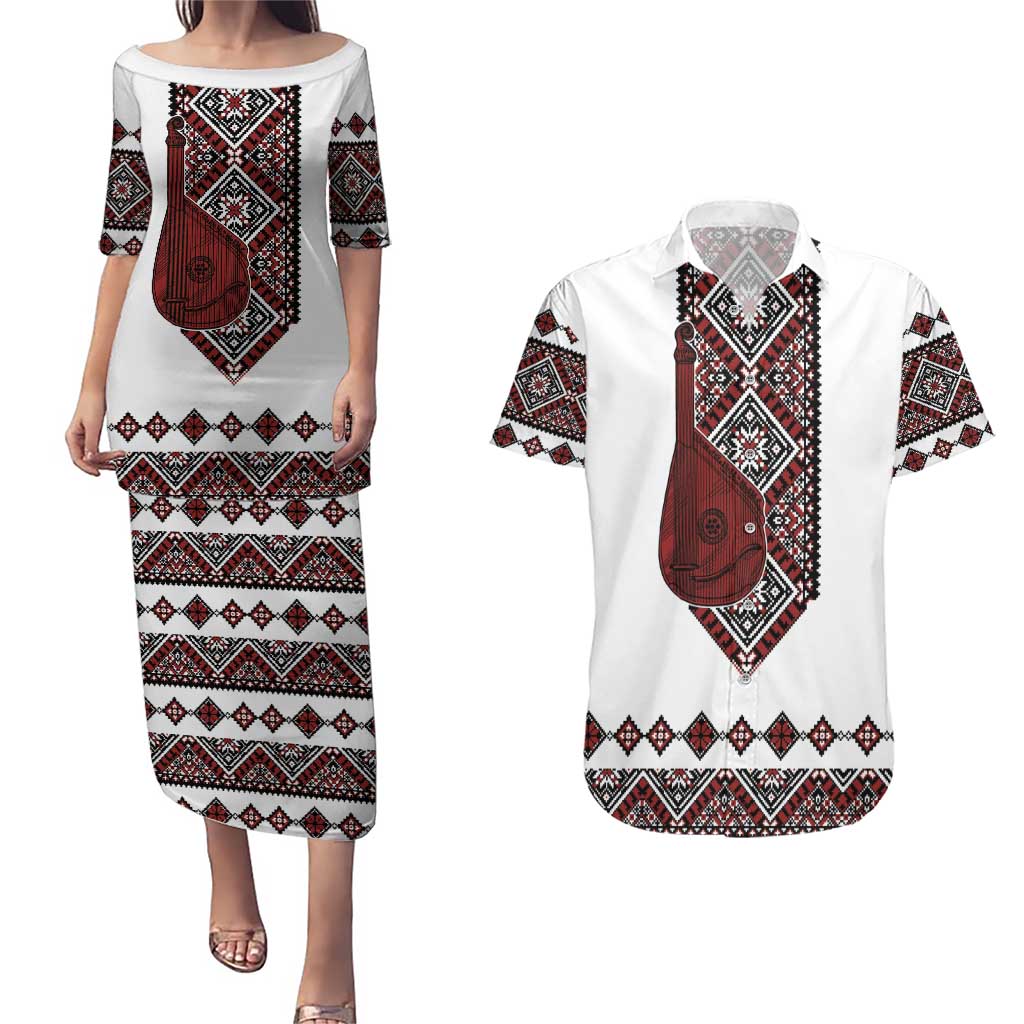 Ukraine Bandura Vyshyvanka Pattern Couples Matching Puletasi and Hawaiian Shirt Ukrainian Heritage Folk White Version - Wonder Print Shop