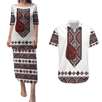 Ukraine Bandura Vyshyvanka Pattern Couples Matching Puletasi and Hawaiian Shirt Ukrainian Heritage Folk White Version - Wonder Print Shop