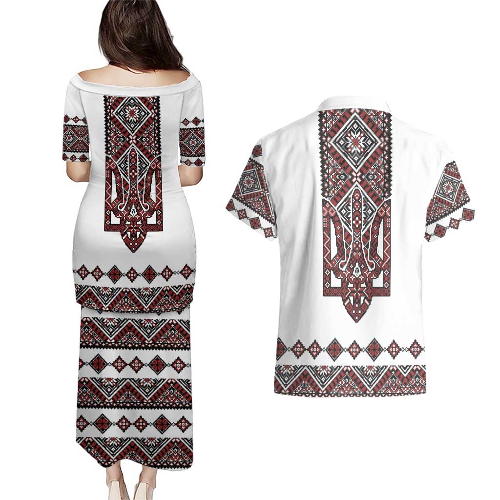 Ukraine Bandura Vyshyvanka Pattern Couples Matching Puletasi and Hawaiian Shirt Ukrainian Heritage Folk White Version - Wonder Print Shop