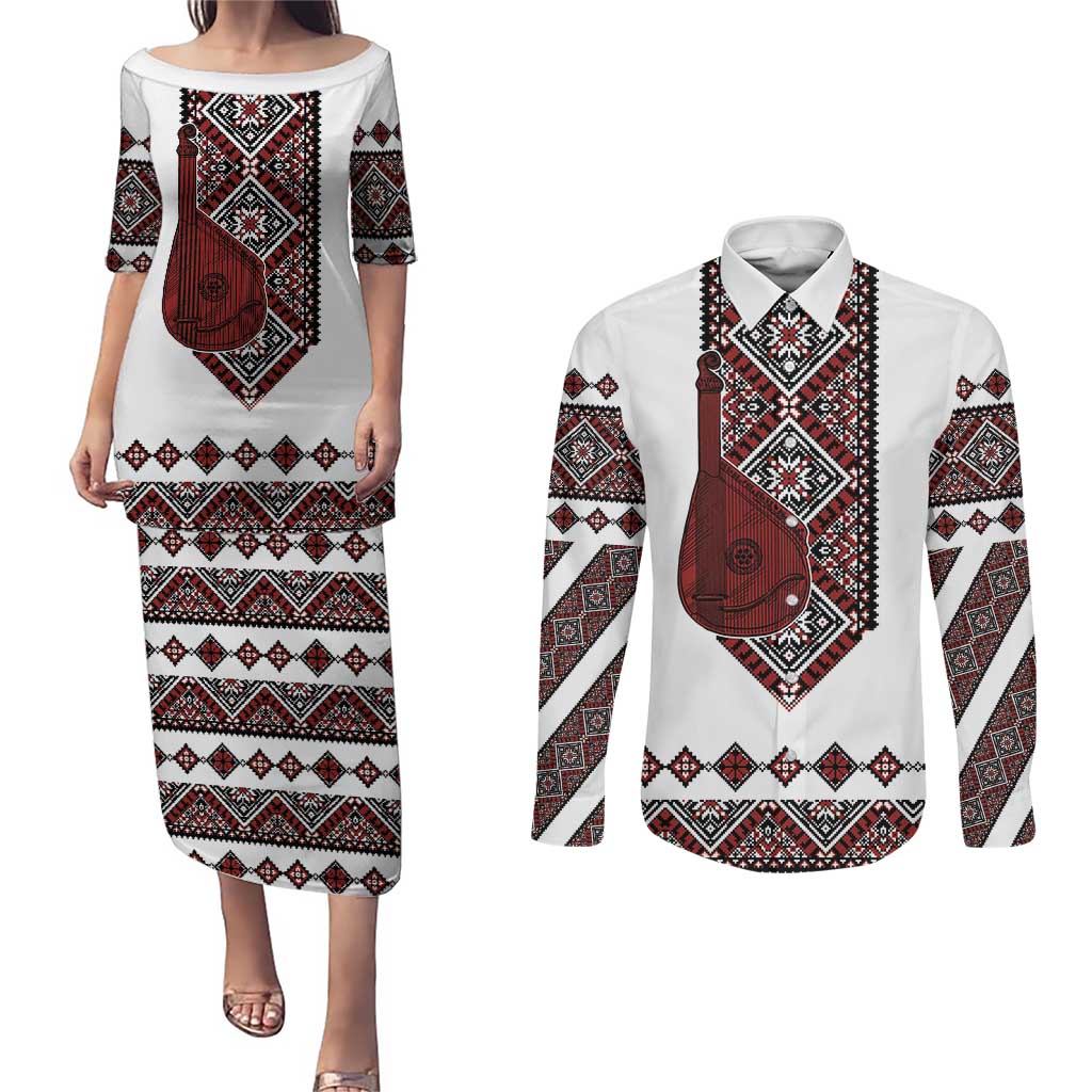 Ukraine Bandura Vyshyvanka Pattern Couples Matching Puletasi and Long Sleeve Button Shirt Ukrainian Heritage Folk White Version - Wonder Print Shop