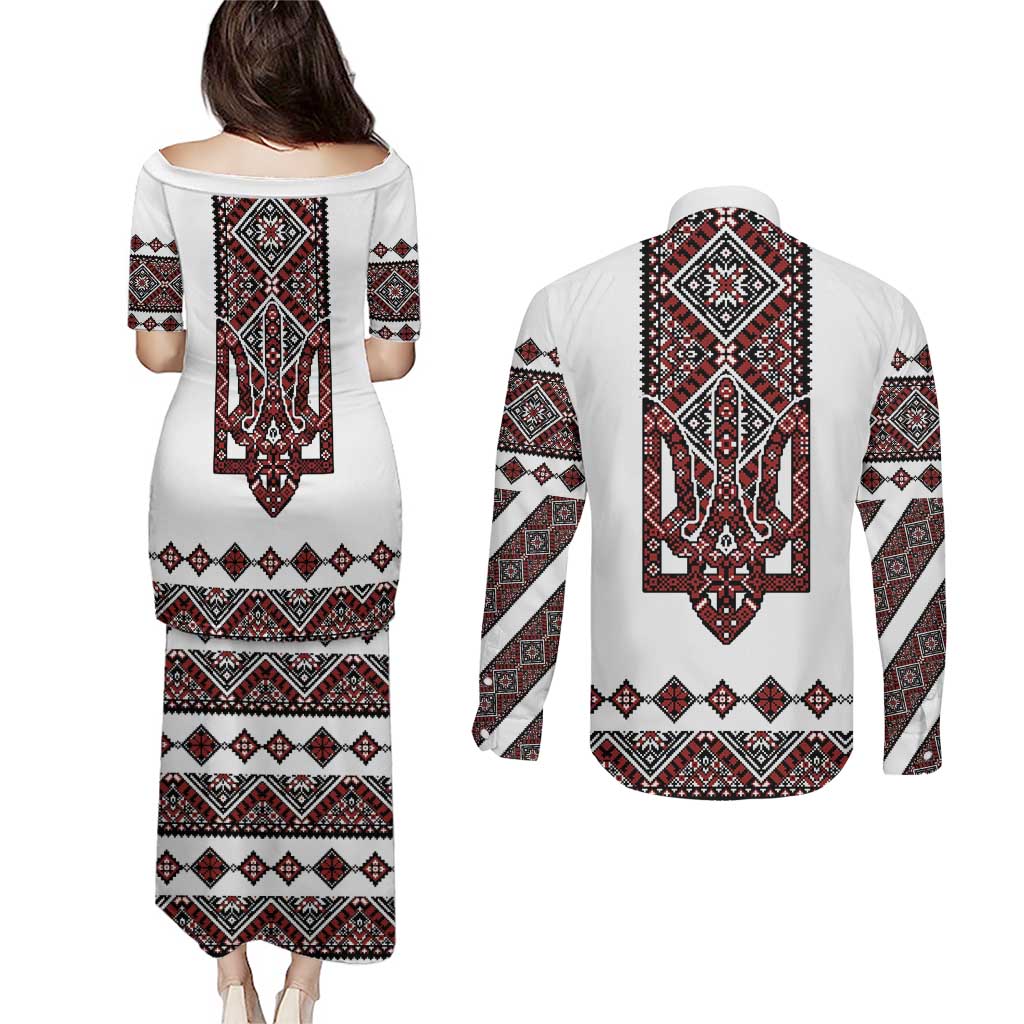 Ukraine Bandura Vyshyvanka Pattern Couples Matching Puletasi and Long Sleeve Button Shirt Ukrainian Heritage Folk White Version - Wonder Print Shop