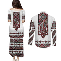 Ukraine Bandura Vyshyvanka Pattern Couples Matching Puletasi and Long Sleeve Button Shirt Ukrainian Heritage Folk White Version - Wonder Print Shop