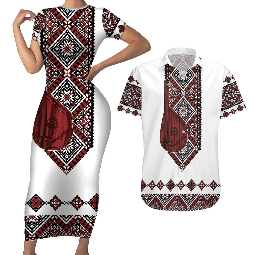 Ukraine Bandura Vyshyvanka Pattern Couples Matching Short Sleeve Bodycon Dress and Hawaiian Shirt Ukrainian Heritage Folk White Version - Wonder Print Shop