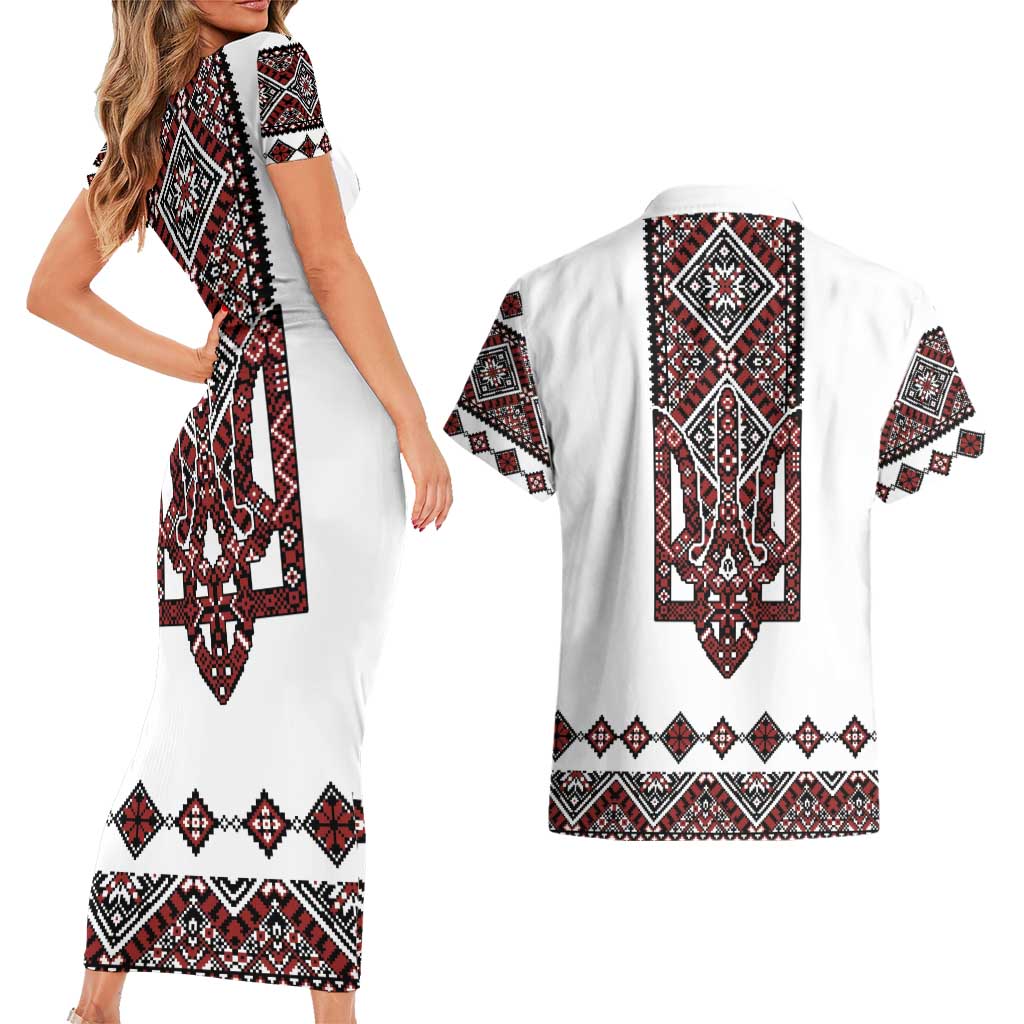 Ukraine Bandura Vyshyvanka Pattern Couples Matching Short Sleeve Bodycon Dress and Hawaiian Shirt Ukrainian Heritage Folk White Version - Wonder Print Shop