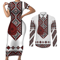 Ukraine Bandura Vyshyvanka Pattern Couples Matching Short Sleeve Bodycon Dress and Long Sleeve Button Shirt Ukrainian Heritage Folk White Version - Wonder Print Shop