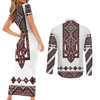 Ukraine Bandura Vyshyvanka Pattern Couples Matching Short Sleeve Bodycon Dress and Long Sleeve Button Shirt Ukrainian Heritage Folk White Version - Wonder Print Shop