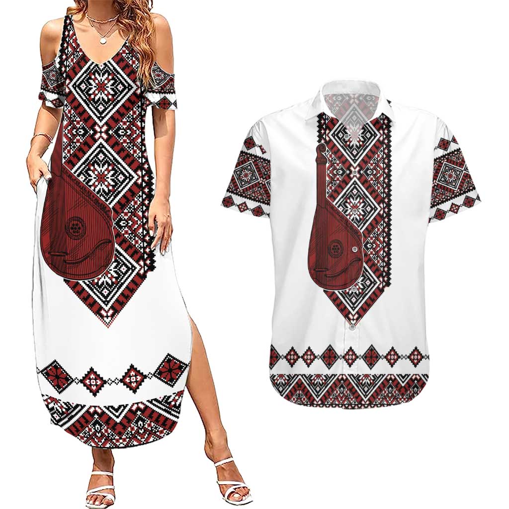 Ukraine Bandura Vyshyvanka Pattern Couples Matching Summer Maxi Dress and Hawaiian Shirt Ukrainian Heritage Folk White Version - Wonder Print Shop