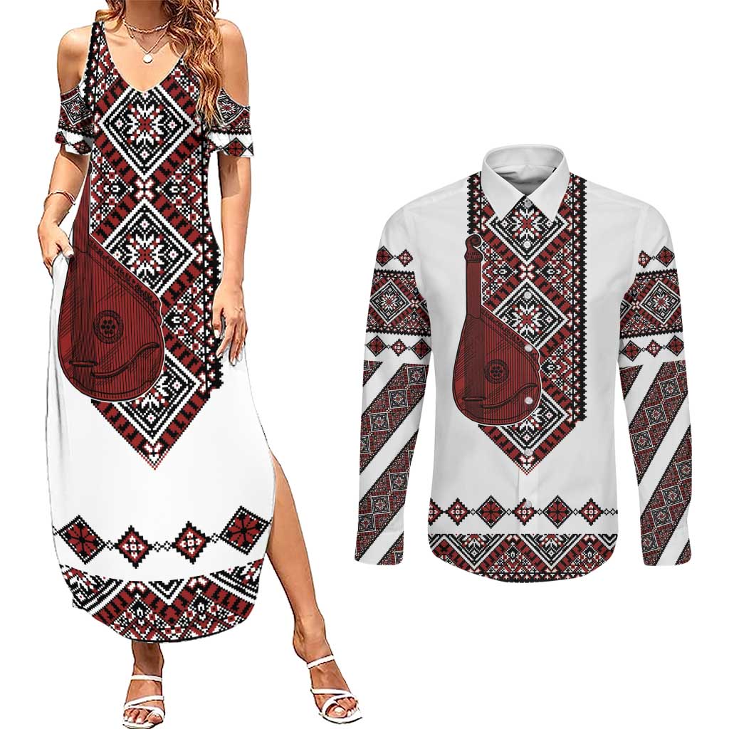 Ukraine Bandura Vyshyvanka Pattern Couples Matching Summer Maxi Dress and Long Sleeve Button Shirt Ukrainian Heritage Folk White Version - Wonder Print Shop