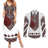 Ukraine Bandura Vyshyvanka Pattern Couples Matching Summer Maxi Dress and Long Sleeve Button Shirt Ukrainian Heritage Folk White Version - Wonder Print Shop