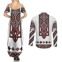 Ukraine Bandura Vyshyvanka Pattern Couples Matching Summer Maxi Dress and Long Sleeve Button Shirt Ukrainian Heritage Folk White Version - Wonder Print Shop