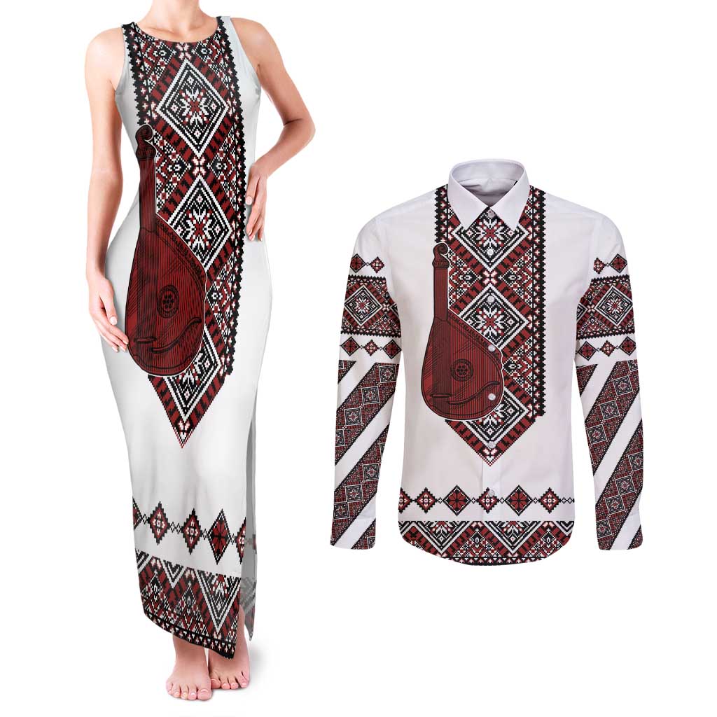 Ukraine Bandura Vyshyvanka Pattern Couples Matching Tank Maxi Dress and Long Sleeve Button Shirt Ukrainian Heritage Folk White Version - Wonder Print Shop