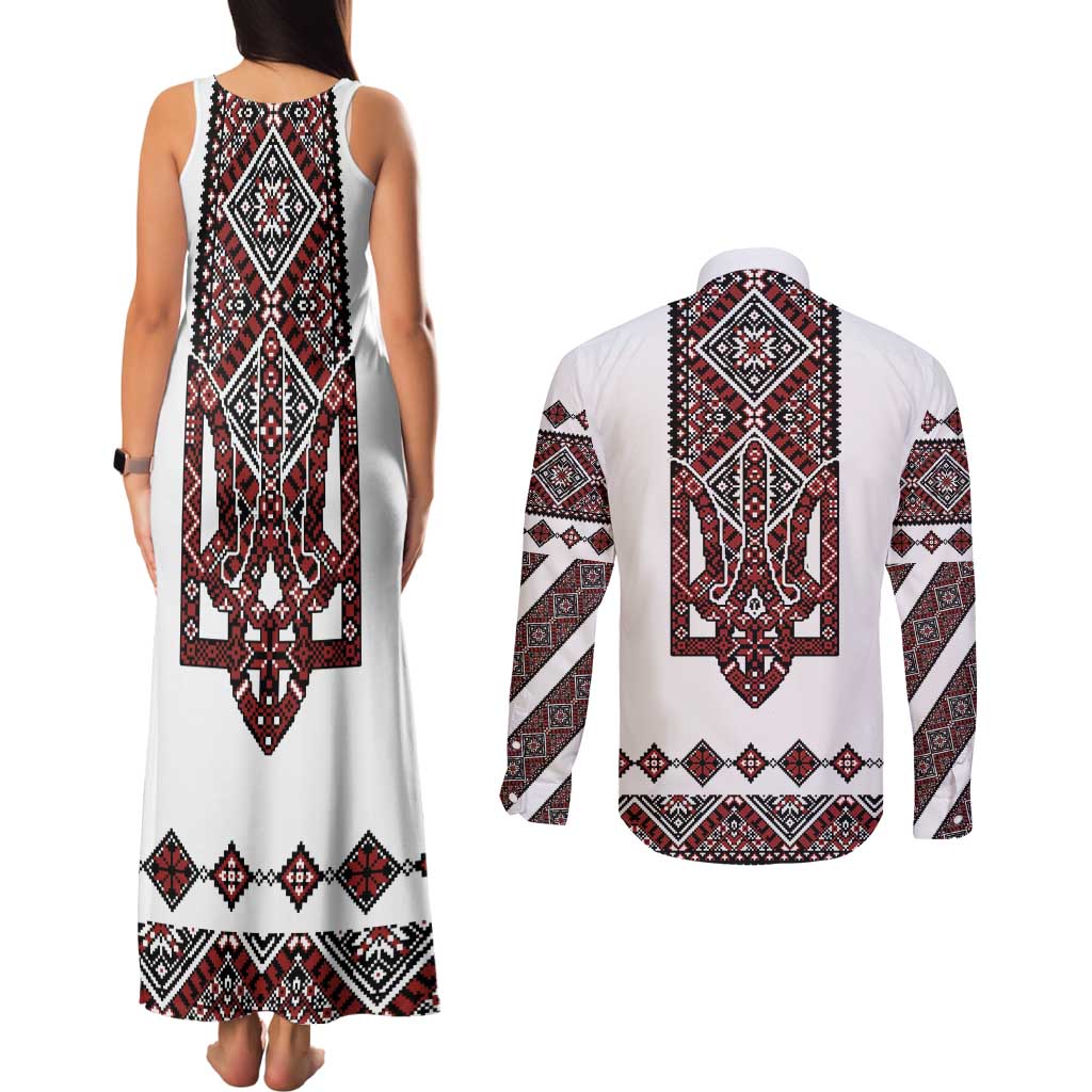 Ukraine Bandura Vyshyvanka Pattern Couples Matching Tank Maxi Dress and Long Sleeve Button Shirt Ukrainian Heritage Folk White Version - Wonder Print Shop