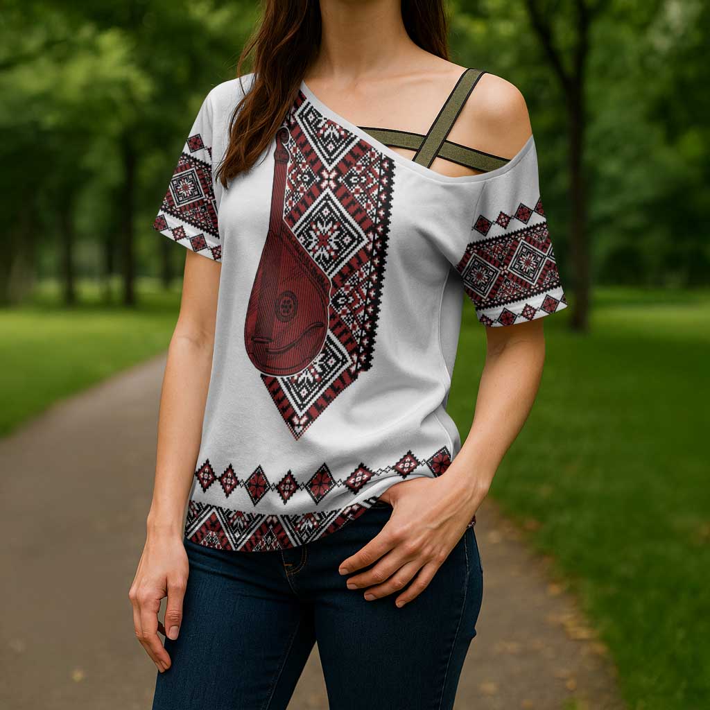 Ukraine Bandura Vyshyvanka Pattern Cross Shoulder Shirt Ukrainian Heritage Folk White Version - Wonder Print Shop