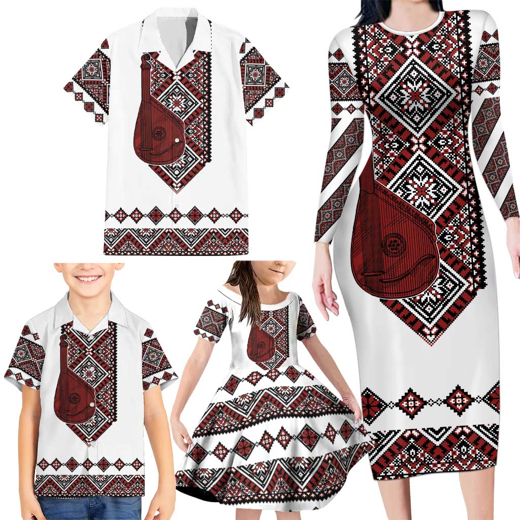 Ukraine Bandura Vyshyvanka Pattern Family Matching Long Sleeve Bodycon Dress and Hawaiian Shirt Ukrainian Heritage Folk White Version