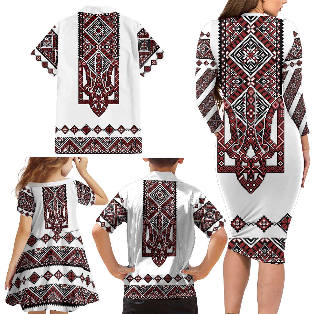 Ukraine Bandura Vyshyvanka Pattern Family Matching Long Sleeve Bodycon Dress and Hawaiian Shirt Ukrainian Heritage Folk White Version