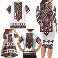 Ukraine Bandura Vyshyvanka Pattern Family Matching Long Sleeve Bodycon Dress and Hawaiian Shirt Ukrainian Heritage Folk White Version