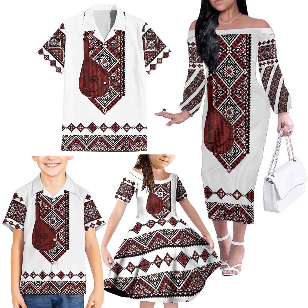 Ukraine Bandura Vyshyvanka Pattern Family Matching Off The Shoulder Long Sleeve Dress and Hawaiian Shirt Ukrainian Heritage Folk White Version