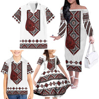 Ukraine Bandura Vyshyvanka Pattern Family Matching Off The Shoulder Long Sleeve Dress and Hawaiian Shirt Ukrainian Heritage Folk White Version