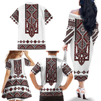 Ukraine Bandura Vyshyvanka Pattern Family Matching Off The Shoulder Long Sleeve Dress and Hawaiian Shirt Ukrainian Heritage Folk White Version