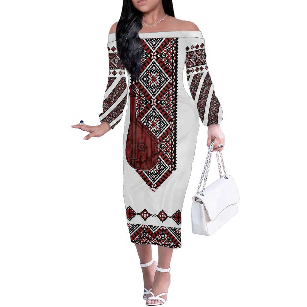 Ukraine Bandura Vyshyvanka Pattern Family Matching Off The Shoulder Long Sleeve Dress and Hawaiian Shirt Ukrainian Heritage Folk White Version