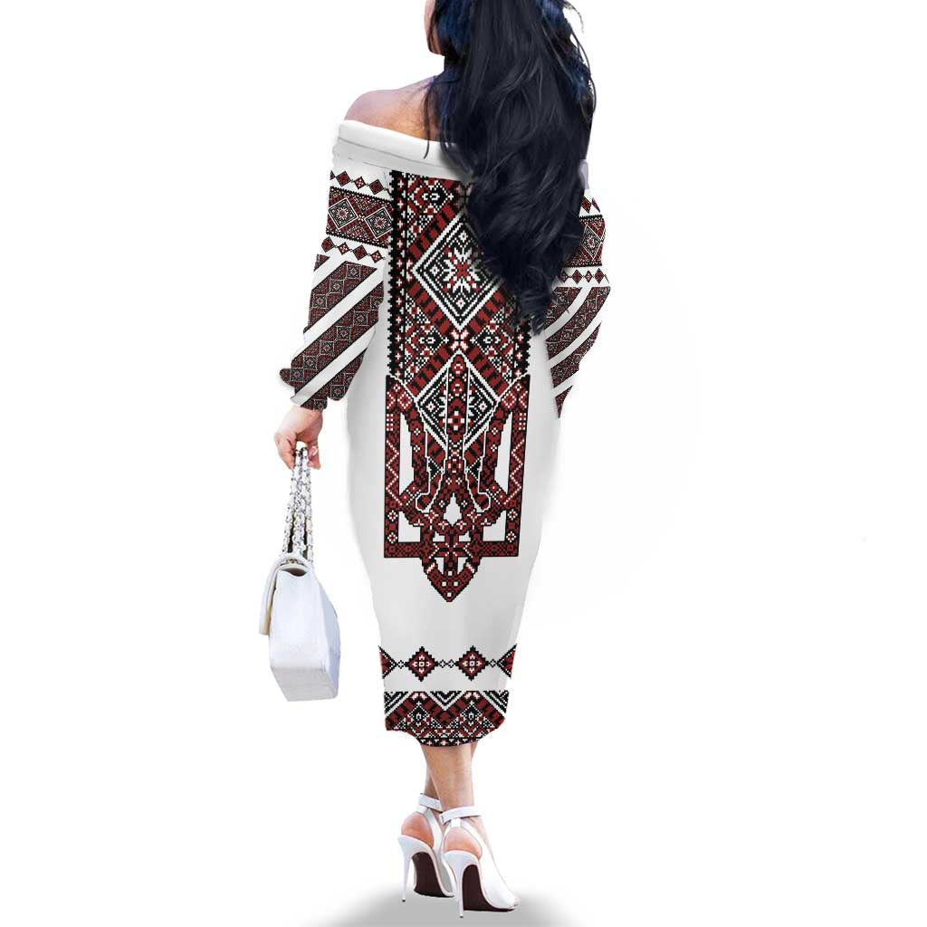 Ukraine Bandura Vyshyvanka Pattern Family Matching Off The Shoulder Long Sleeve Dress and Hawaiian Shirt Ukrainian Heritage Folk White Version