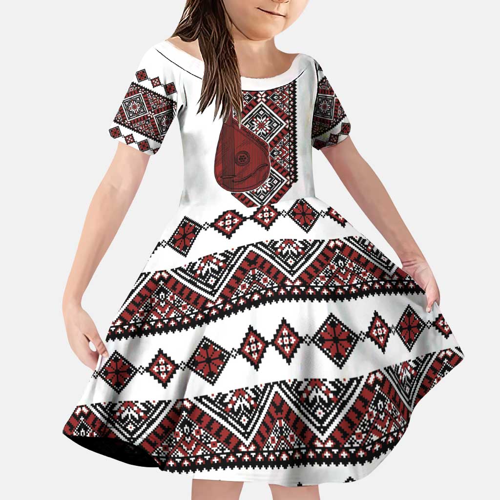 Ukraine Bandura Vyshyvanka Pattern Family Matching Off Shoulder Maxi Dress and Hawaiian Shirt Ukrainian Heritage Folk White Version