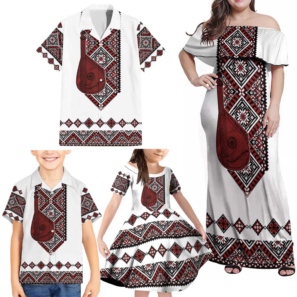 Ukraine Bandura Vyshyvanka Pattern Family Matching Off Shoulder Maxi Dress and Hawaiian Shirt Ukrainian Heritage Folk White Version