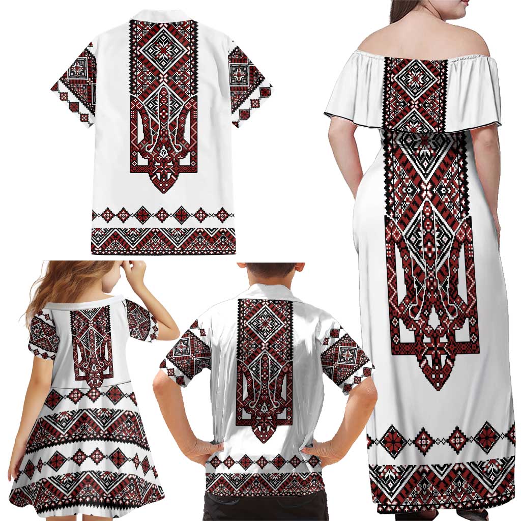 Ukraine Bandura Vyshyvanka Pattern Family Matching Off Shoulder Maxi Dress and Hawaiian Shirt Ukrainian Heritage Folk White Version