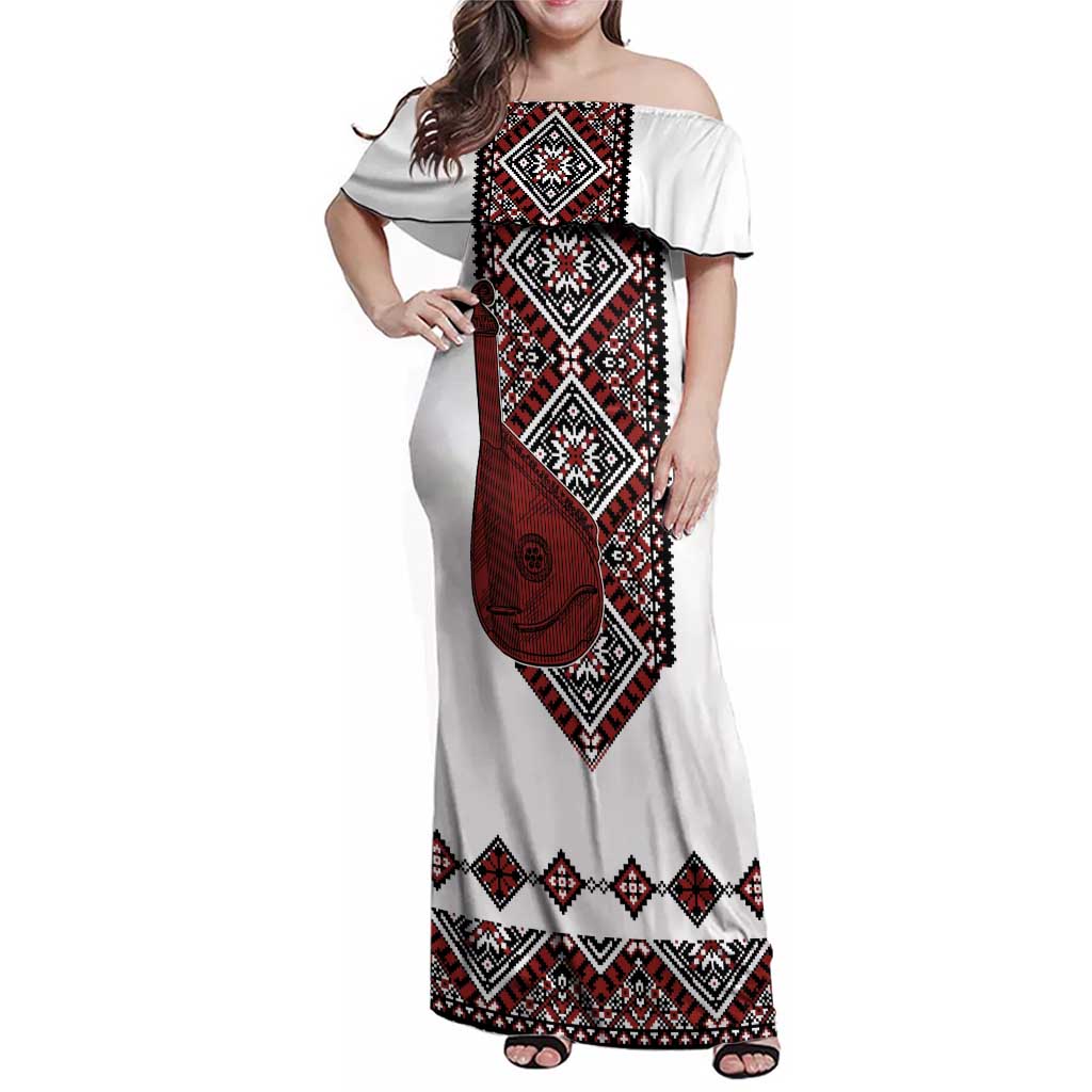 Ukraine Bandura Vyshyvanka Pattern Family Matching Off Shoulder Maxi Dress and Hawaiian Shirt Ukrainian Heritage Folk White Version