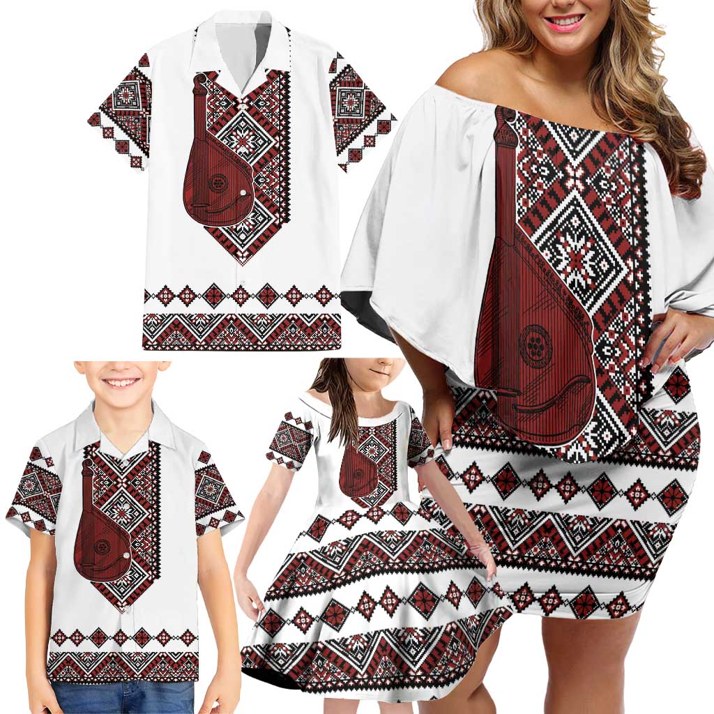 Ukraine Bandura Vyshyvanka Pattern Family Matching Off Shoulder Short Dress and Hawaiian Shirt Ukrainian Heritage Folk White Version