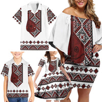 Ukraine Bandura Vyshyvanka Pattern Family Matching Off Shoulder Short Dress and Hawaiian Shirt Ukrainian Heritage Folk White Version