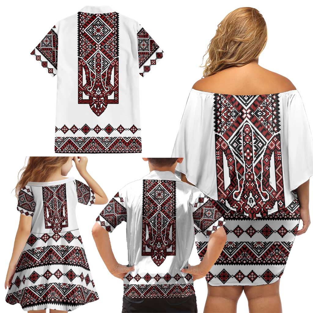 Ukraine Bandura Vyshyvanka Pattern Family Matching Off Shoulder Short Dress and Hawaiian Shirt Ukrainian Heritage Folk White Version