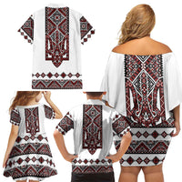 Ukraine Bandura Vyshyvanka Pattern Family Matching Off Shoulder Short Dress and Hawaiian Shirt Ukrainian Heritage Folk White Version