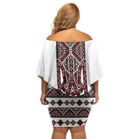 Ukraine Bandura Vyshyvanka Pattern Family Matching Off Shoulder Short Dress and Hawaiian Shirt Ukrainian Heritage Folk White Version