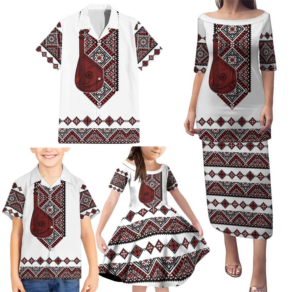 Ukraine Bandura Vyshyvanka Pattern Family Matching Puletasi and Hawaiian Shirt Ukrainian Heritage Folk White Version