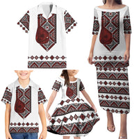 Ukraine Bandura Vyshyvanka Pattern Family Matching Puletasi and Hawaiian Shirt Ukrainian Heritage Folk White Version